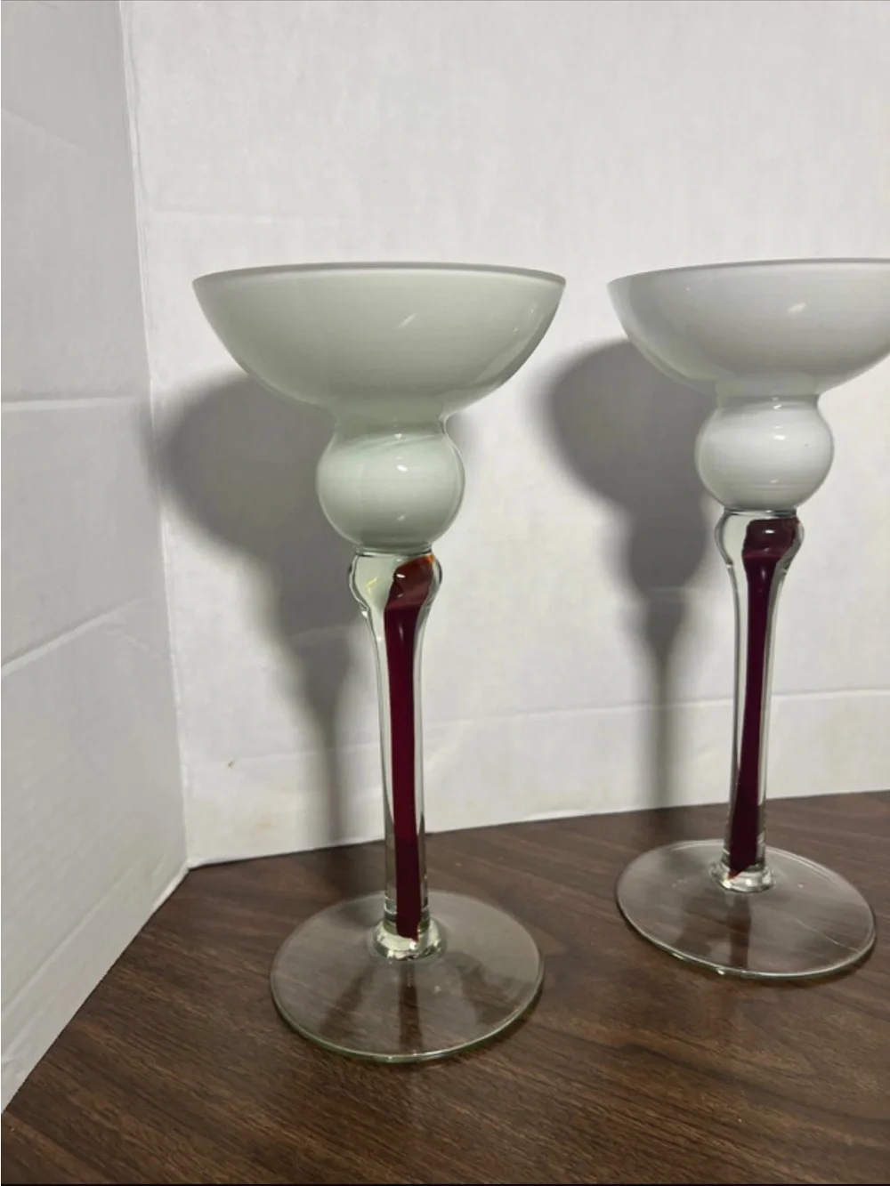 White Glass Candle Holders with Burgundy Stem - Home Accents